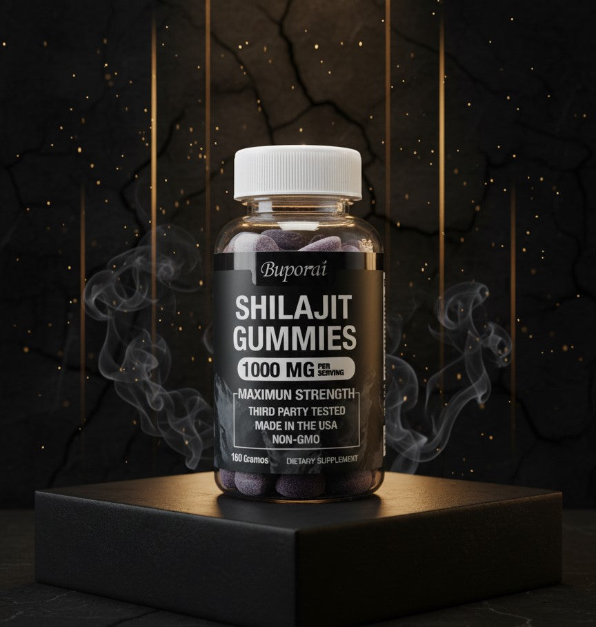 Shilajit Gomitas: envase de 60 gomitas, 1.000 mg de shilajit por toma, sabor frambuesa y sandía