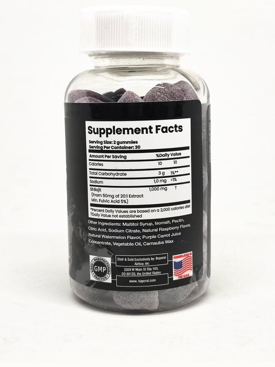 Tabla nutricional del envase de Shilajit Gomitas
